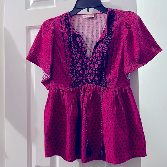 Pink and Black Polka Dot Knox Rose Top with Ruffled Sleeves - Picture 1 of 3